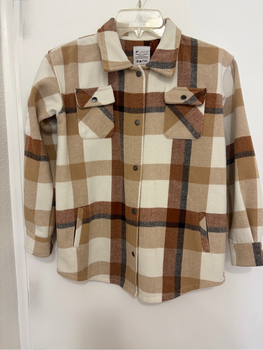 Kids Plaid Button-Up Shacket Jacket - Beige & Brown